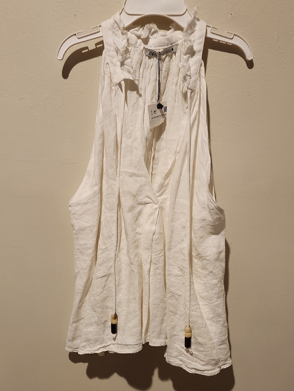 ❤️ NWT! ZARA LINEN SLEEVELESS BEADED TIE FRONT TOP, HALTER NECKLINE, IVORY, XS - Picture 3 of 10